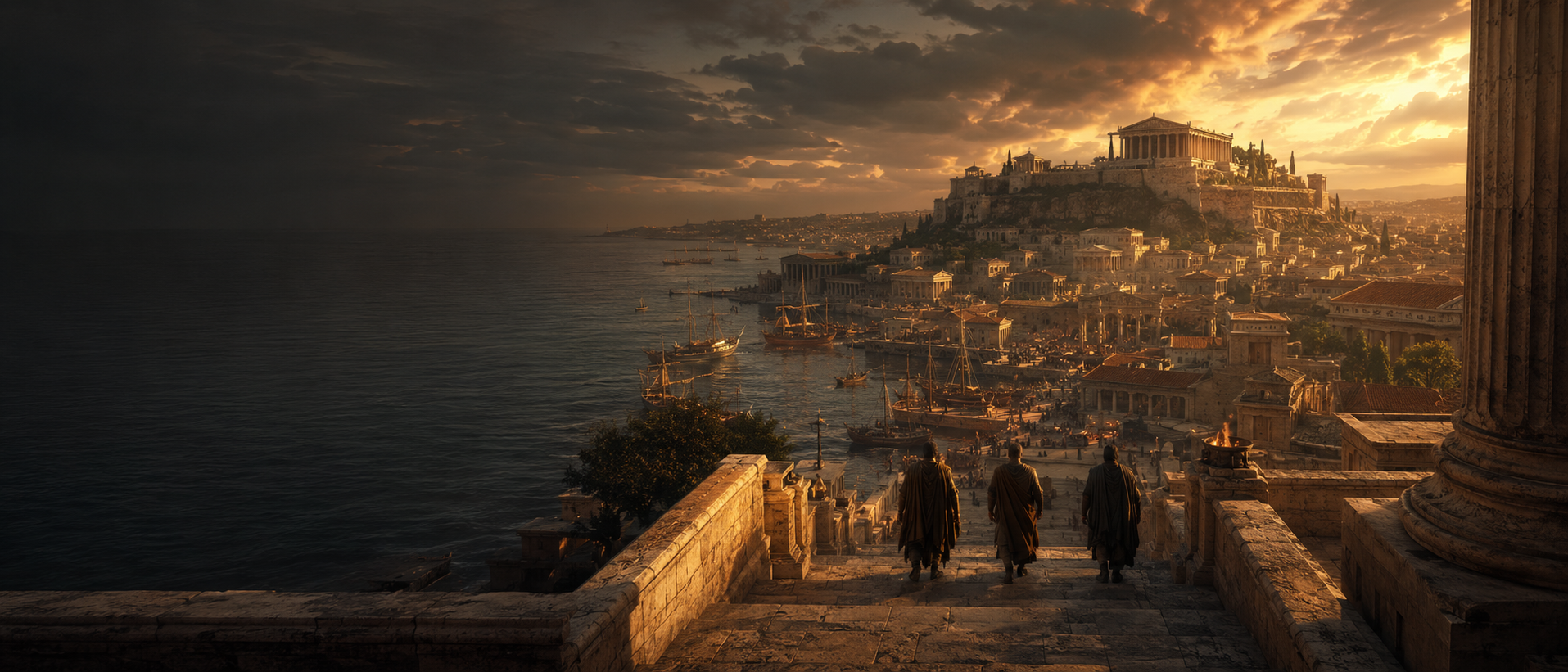 Reconstitution artistique panoramique d’une cité historique au coucher du soleil